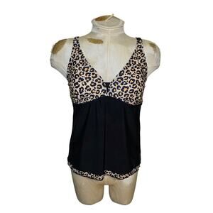 REKITA Black & Leopard Halter Tankini Top‎ Swimsuit Size Large